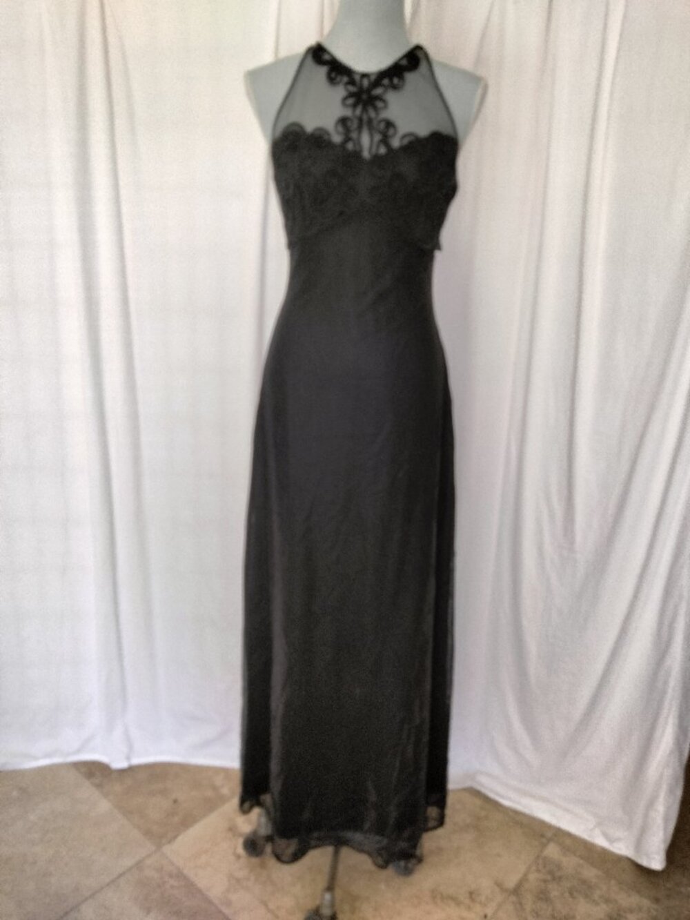 KiKi USA Vintage 90s Black Lace sheer halter neck Fringe and Maxi Dress Medium